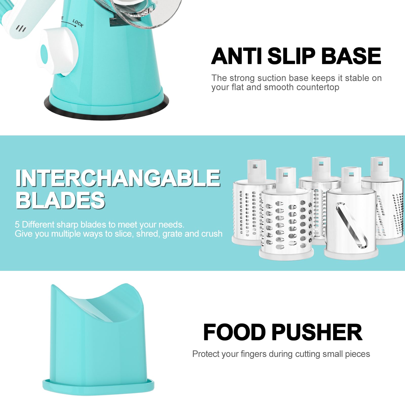 Cambom 5 in 1 Rotary Cheese Grater Hand Crank Cheese Shredder for Fresh Cheese, Vegetable, Nuts,Non-slip Suction Base, Black