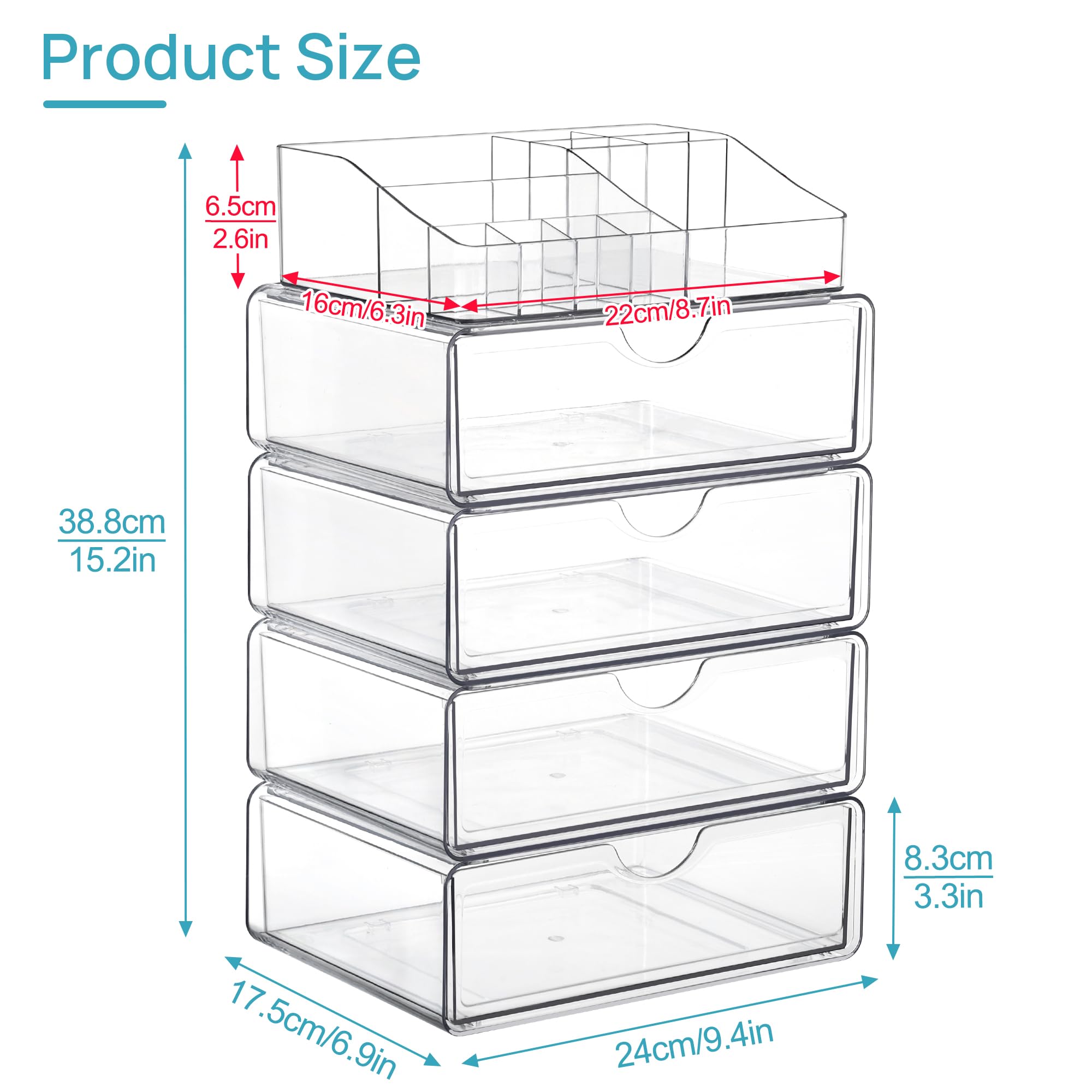 Vtopmart 3 Tier Clear Makeup Organizer with Drawer, Cosmetic Storage for Dresser Countertop and Bathroom Vanity, Beauty Holder for Lipstick Brush Skincare