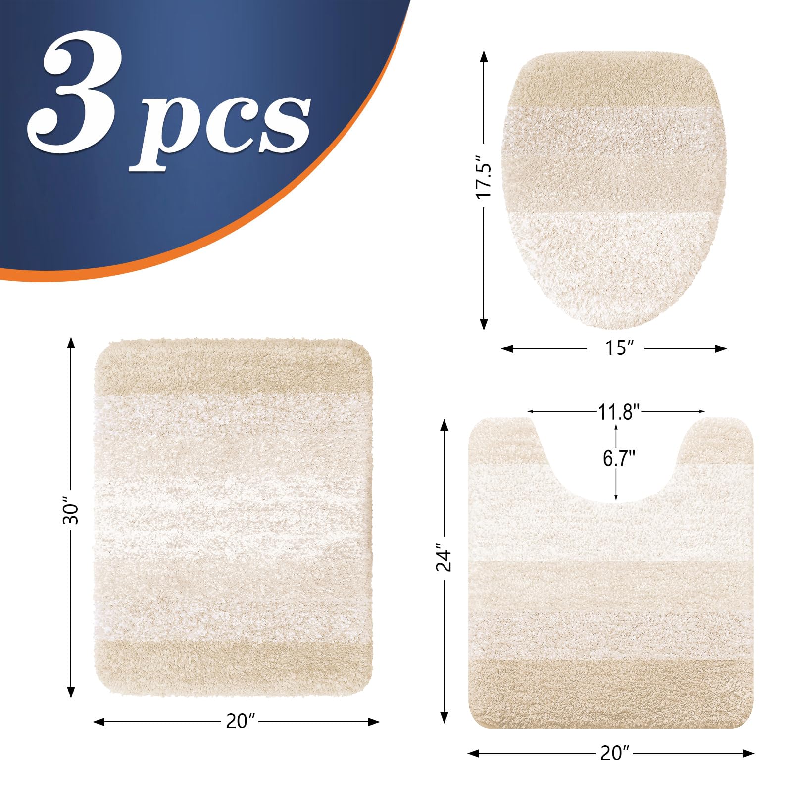 OLANLY Bathroom Rugs Sets 3 Piece, Soft Microfiber Absorbent Bath Mat, U-Shaped Contour Toilet Mat and Toilet Lid Cover, Quick Dry, Machine Washable, Toilet Cover and Rug Set for Bathroom, Grey