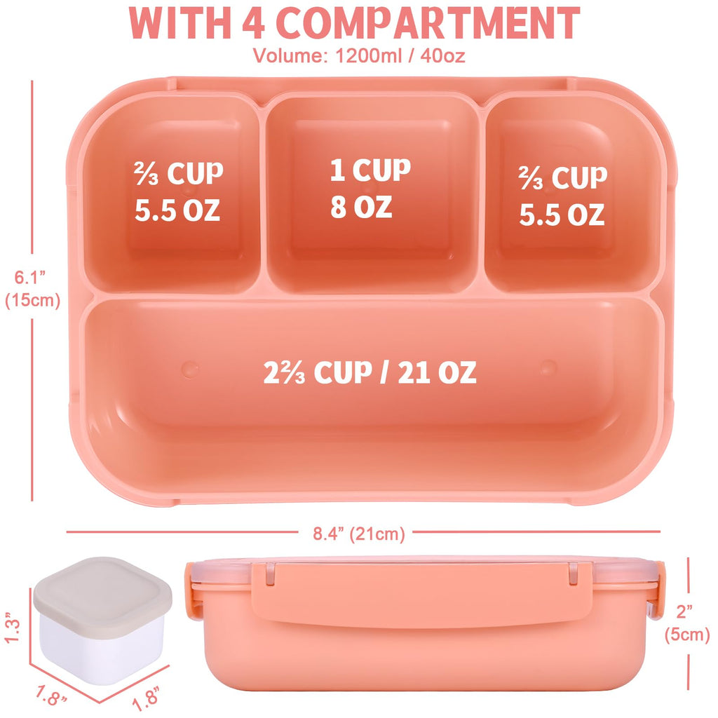 Bento Box Adult Lunch Box, Containers for Adults Men Women with 4 Compartments, Lunchable Food Container with Utensils, Sauce Jar, Muffin Liners, 40 Oz/5 Cup, Microwave & Dishwasher Safe, Brown