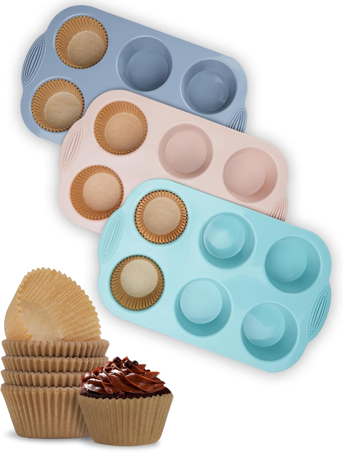 Silicon Muffin Pan-3-pack includes 100 Natural Cupcake Liners, 6-cavity Regular Size, BPA Free, Egg Bite & Muffin Molds for Baking