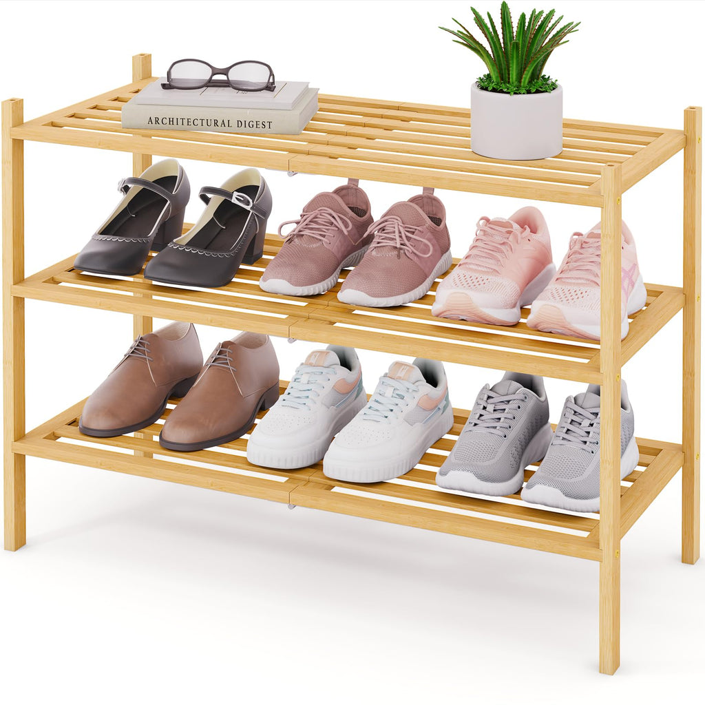 Smiry Bamboo Shoe Rack 3-Tier, Stackable Wooden Shoe Organizer for Entryway & Closet, Free Standing Wood Shoe Storage Shelf for Front Door & Small Spaces, Natural