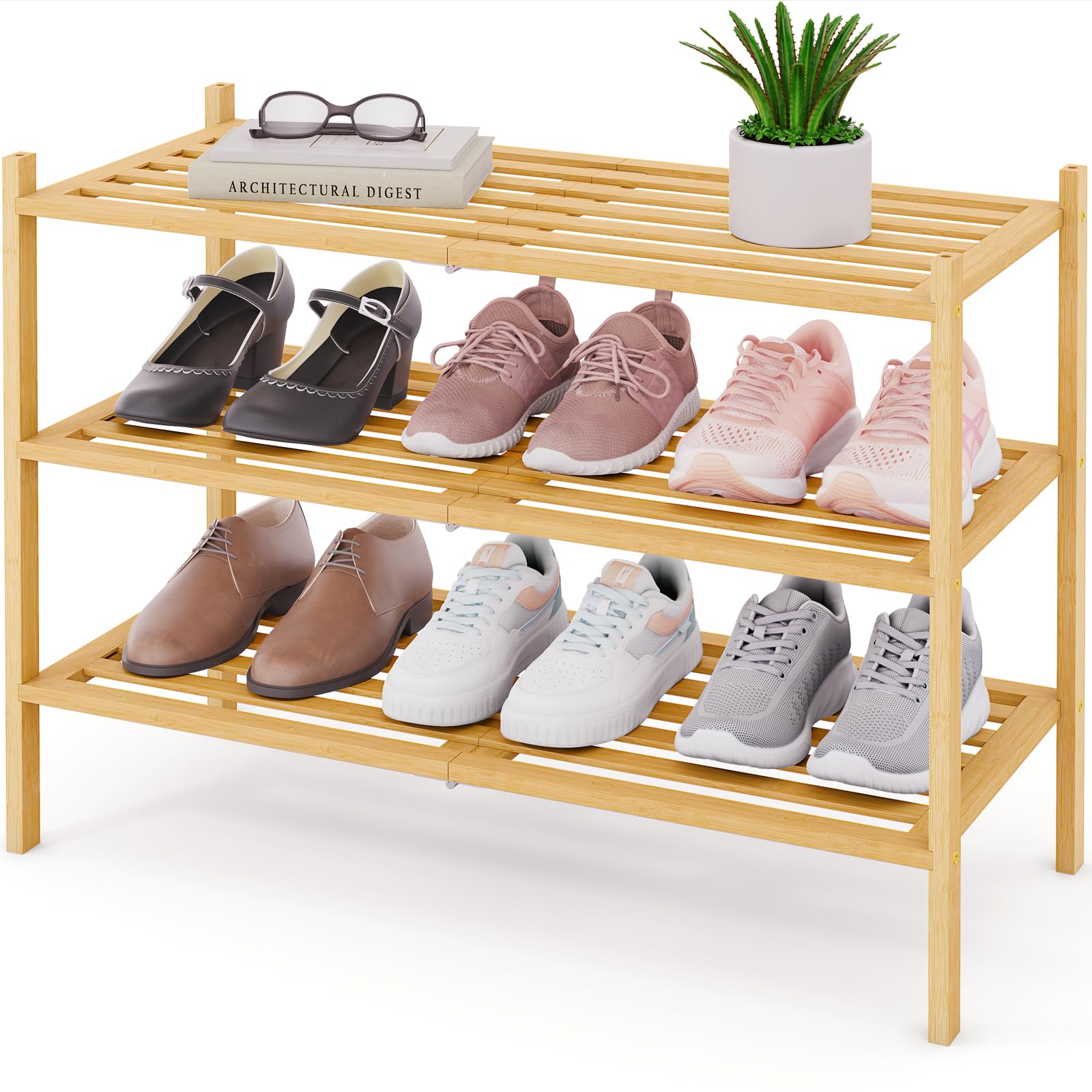 Smiry Bamboo Shoe Rack 3-Tier, Stackable Wooden Shoe Organizer for Entryway & Closet, Free Standing Wood Shoe Storage Shelf for Front Door & Small Spaces, Natural