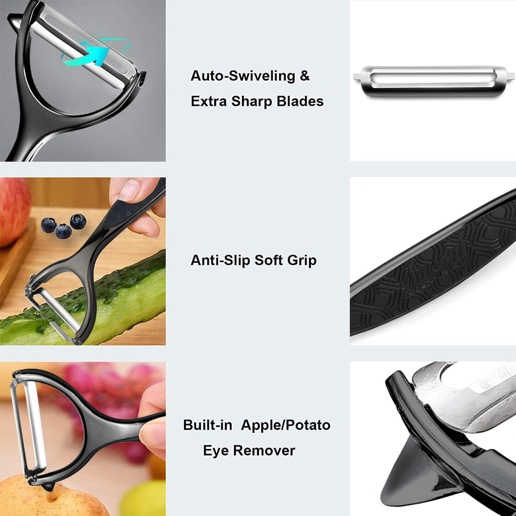 Vegetable Peeler, Potato Peelers for Kitchen Stainless Steel Multi-function Set Fruit Peeler For Kitchen and Household Tools Y & I Shape Swivel Blades for Fruit Vegetables(Black)