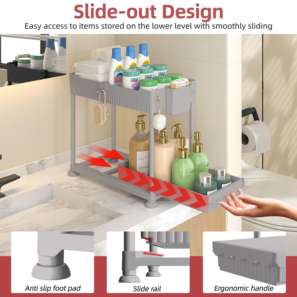4 Pack Under Sink Organizer, Bathroom Organizers and Storage, 2 Tier Multi-Use Pull Out Cabinet Organizer with Hang Hooks and Cups (Black, 4 Pack)
