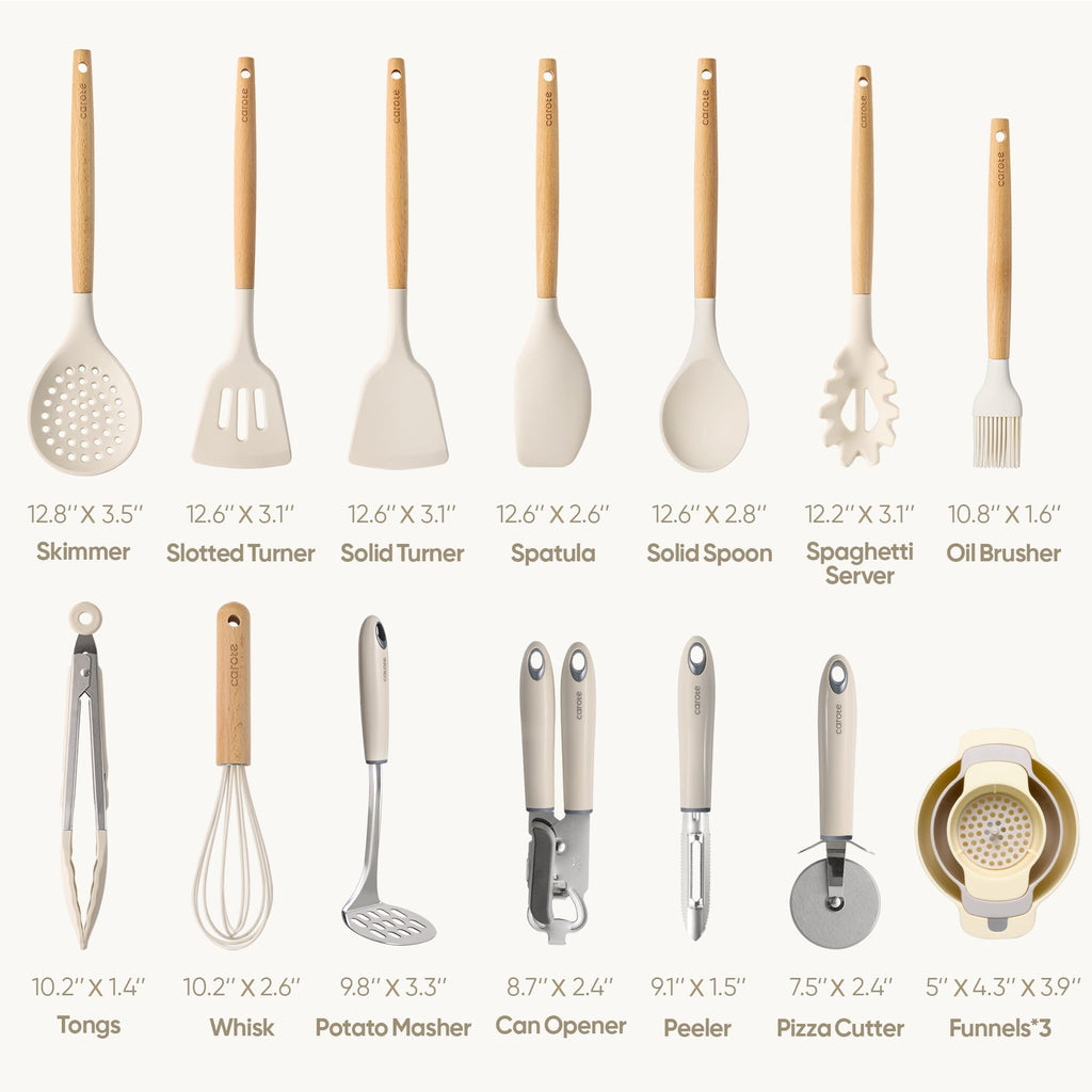 CAROTE Silicone Cooking Utensils Set for Nonstick Cookware, 446°F Heat Resistant Kitchen Utensil Set with Wooden Handle 10pcs, Spatula, Turner, Spoon, Tongs, Whisk