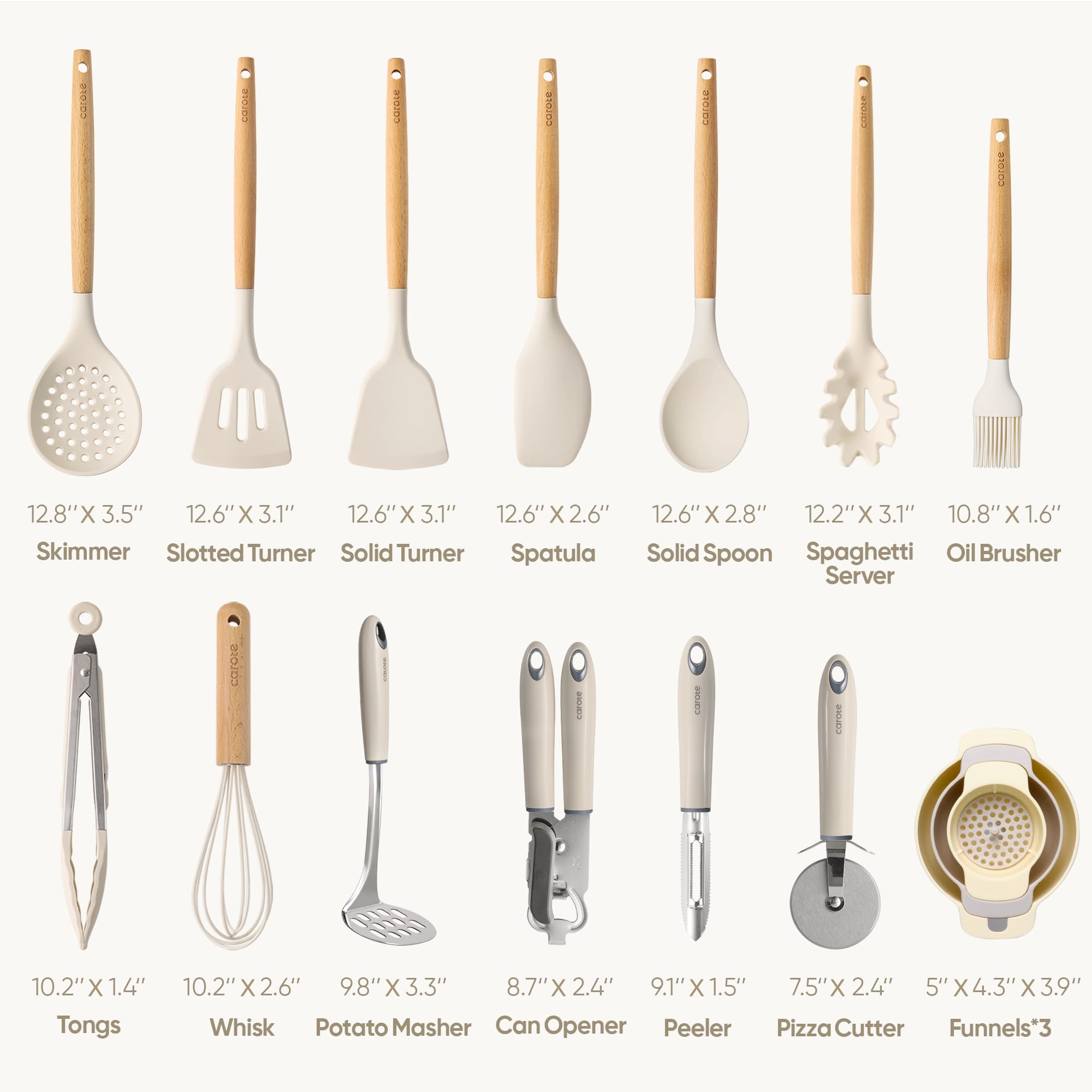 CAROTE Silicone Cooking Utensils Set for Nonstick Cookware, 446°F Heat Resistant Kitchen Utensil Set with Wooden Handle 10pcs, Spatula, Turner, Spoon, Tongs, Whisk