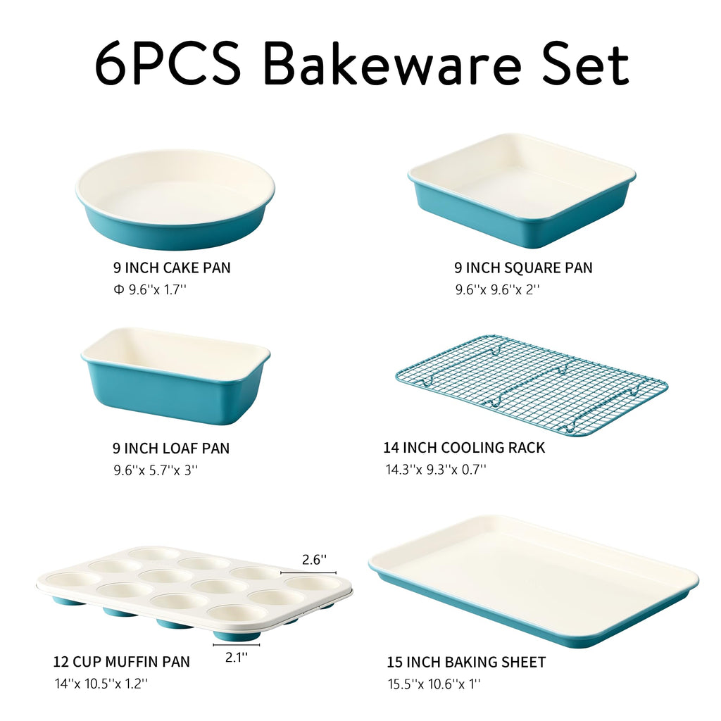 CAROTE 6-Piece Nonstick Ceramic Baking Pans Set - Bakeware Sets Including Cookie Sheets for Baking, Muffin Pan, Bread Pan, Cake pan, Loaf Pan, Cooling Rack, Light Blue & Cream White