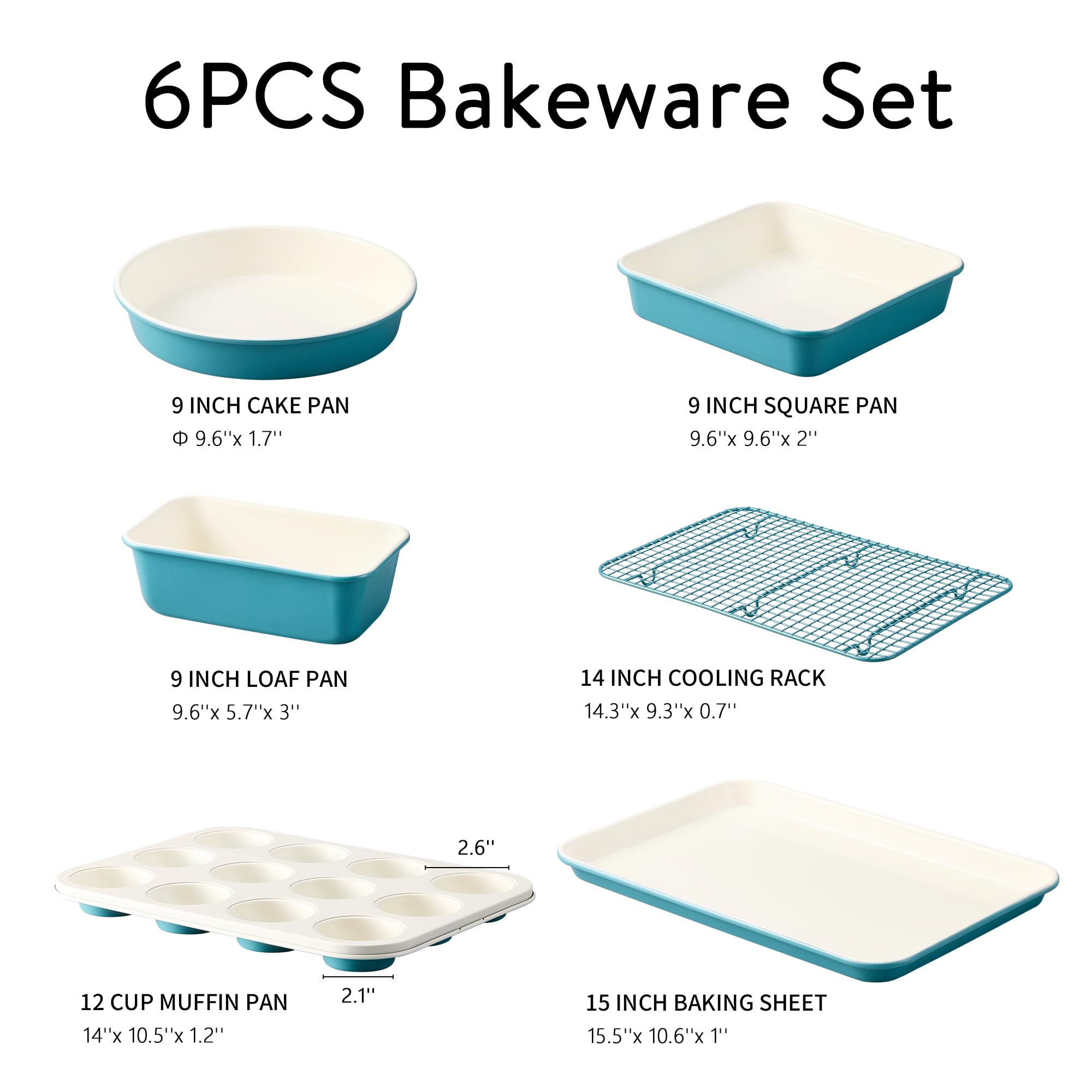 CAROTE 6-Piece Nonstick Ceramic Baking Pans Set - Bakeware Sets Including Cookie Sheets for Baking, Muffin Pan, Bread Pan, Cake pan, Loaf Pan, Cooling Rack, Light Blue & Cream White