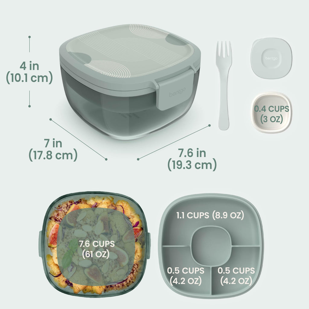 Bentgo Glass Salad Container - 7.6-Cup Salad Bowl with Airtight Lid, Leak-Proof Sauce Container, 4-Compartment Bento Tray & Reusable Fork - BPA-Free for Meal Prep, Office & More (Lavender)