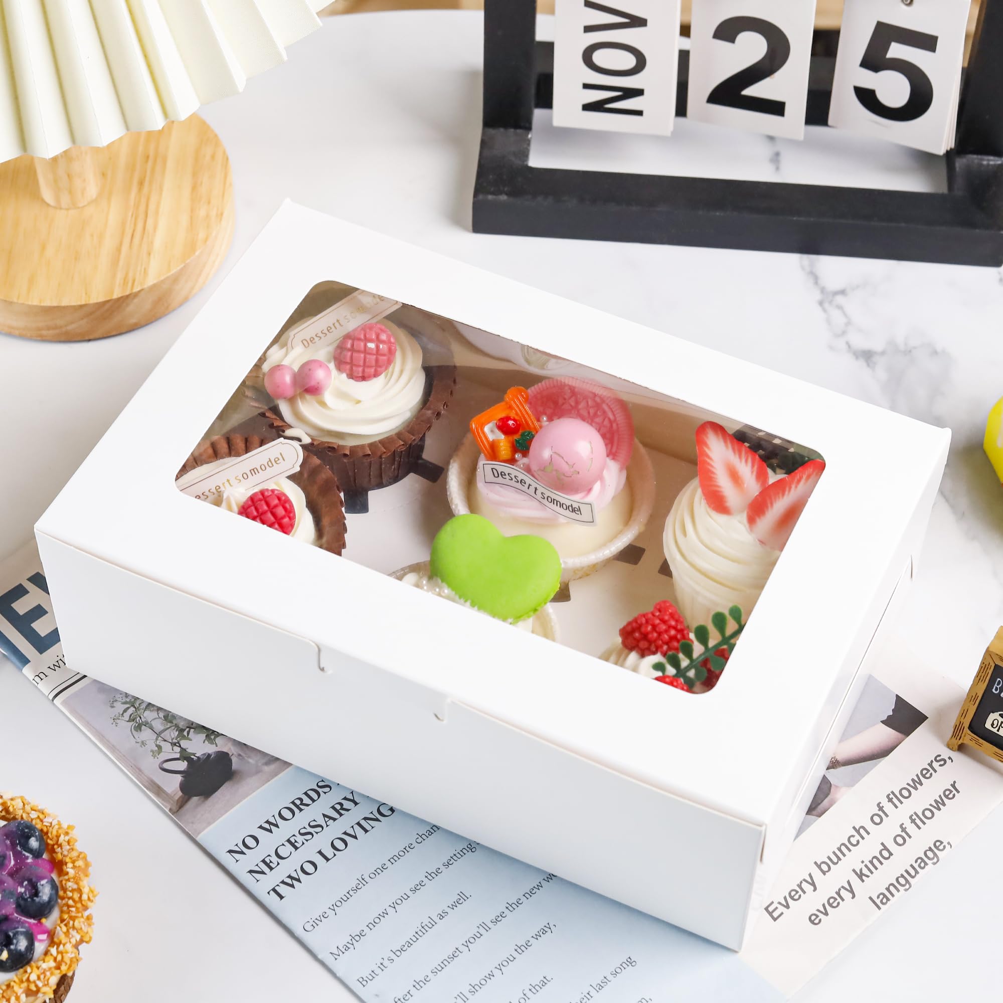 15 Pack Cupcake Boxes with Inserts 6 Holders, White Standard Bakery Boxes with Window Food Grade Cupcake Containers 6 Count for Muffins