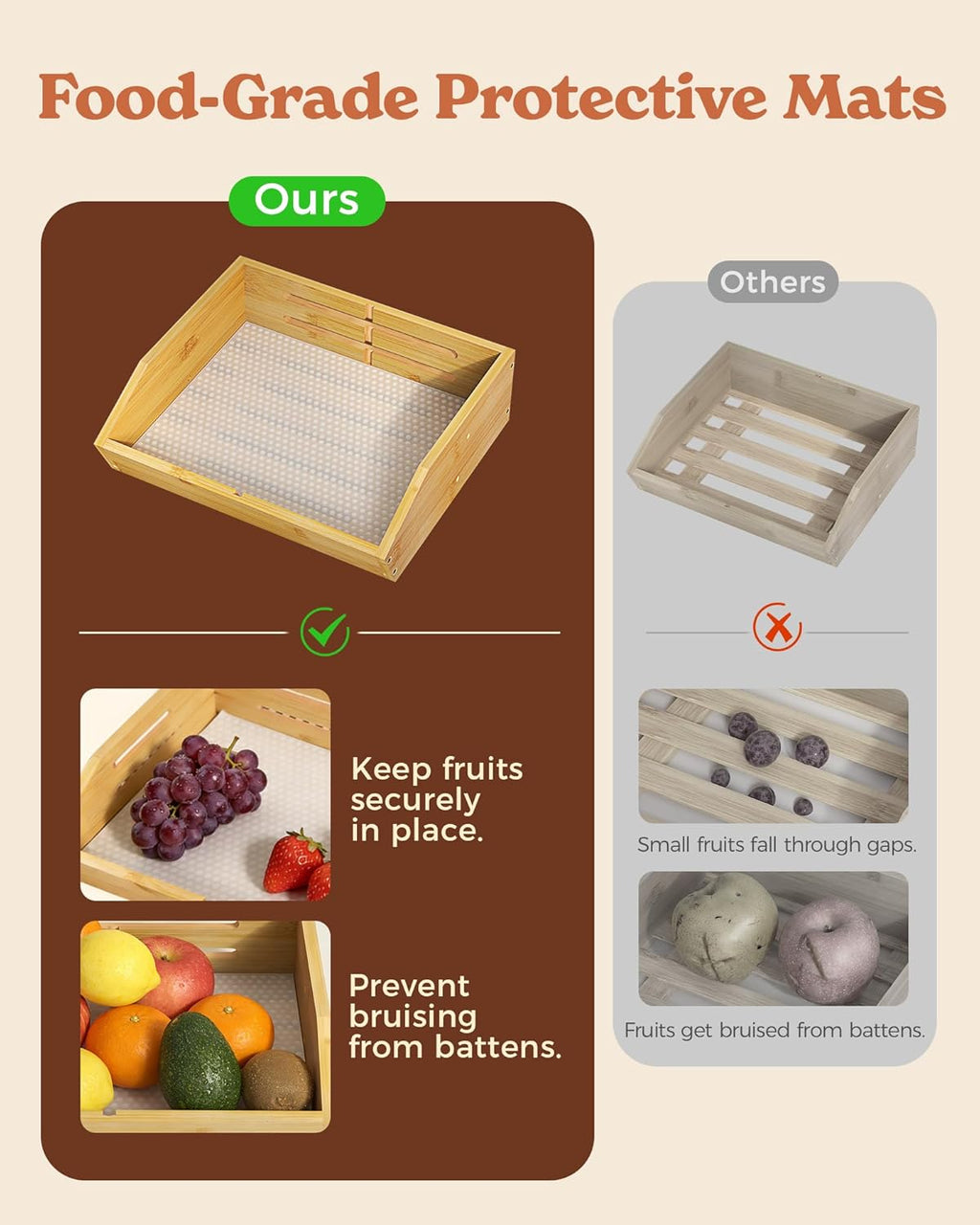 3 Tier Wooden Fruit Basket with 2 Mobile Banana Holders, 3 Pack L-Shaped Pull Out Under Sink Organizers