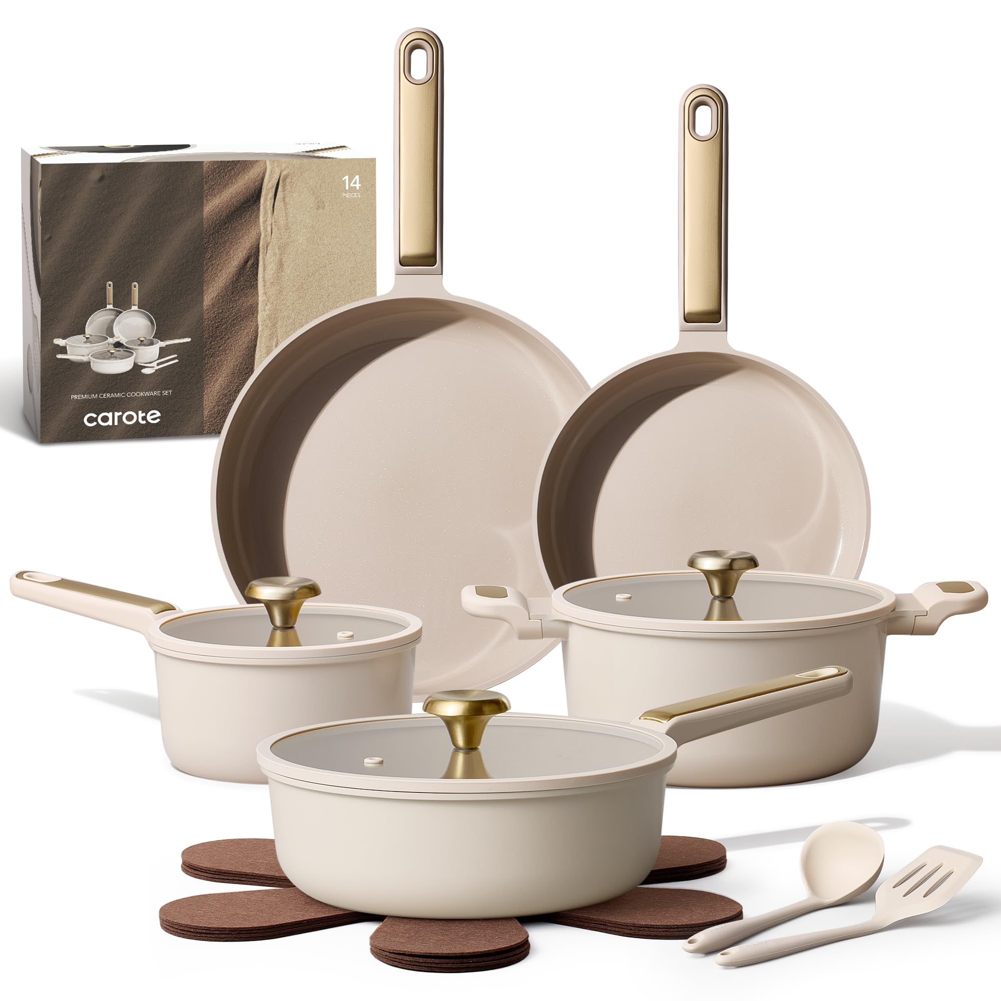 CAROTE Ceramic Cookware Set Nonstick, 14pcs Pots and Pans Set Nonstick, Non-Toxic & PFAS-Free, Dishwasher, RV/Camping Cookware Set, Cooking Pots with Lids, Charcoal Black