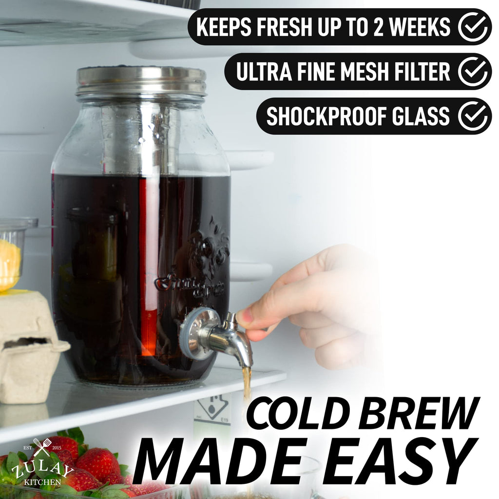 Zulay 1 Gallon/128oz Cold Brew Coffee Maker – Thick Glass Pitcher with Stainless Steel Filter, Lid & Spout – Large Mason Jar Container Dispenser - Iced Coffee & Sun Tea Brewer for Fridge – Silver