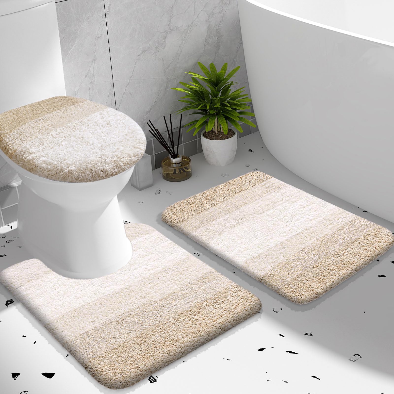 OLANLY Bathroom Rugs Sets 3 Piece, Soft Microfiber Absorbent Bath Mat, U-Shaped Contour Toilet Mat and Toilet Lid Cover, Quick Dry, Machine Washable, Toilet Cover and Rug Set for Bathroom, Grey