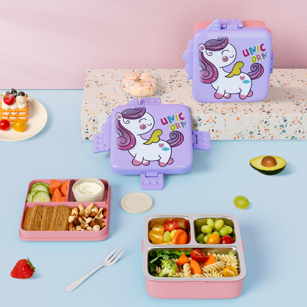 Freshmage Stainless Steel Double-Layer Bento Box Container with 3 Compartments, Large Capacity Leakproof and BPA Free Bento Lunch Box, Durable,Drop-Proof, Dishwasher Safe, Pink