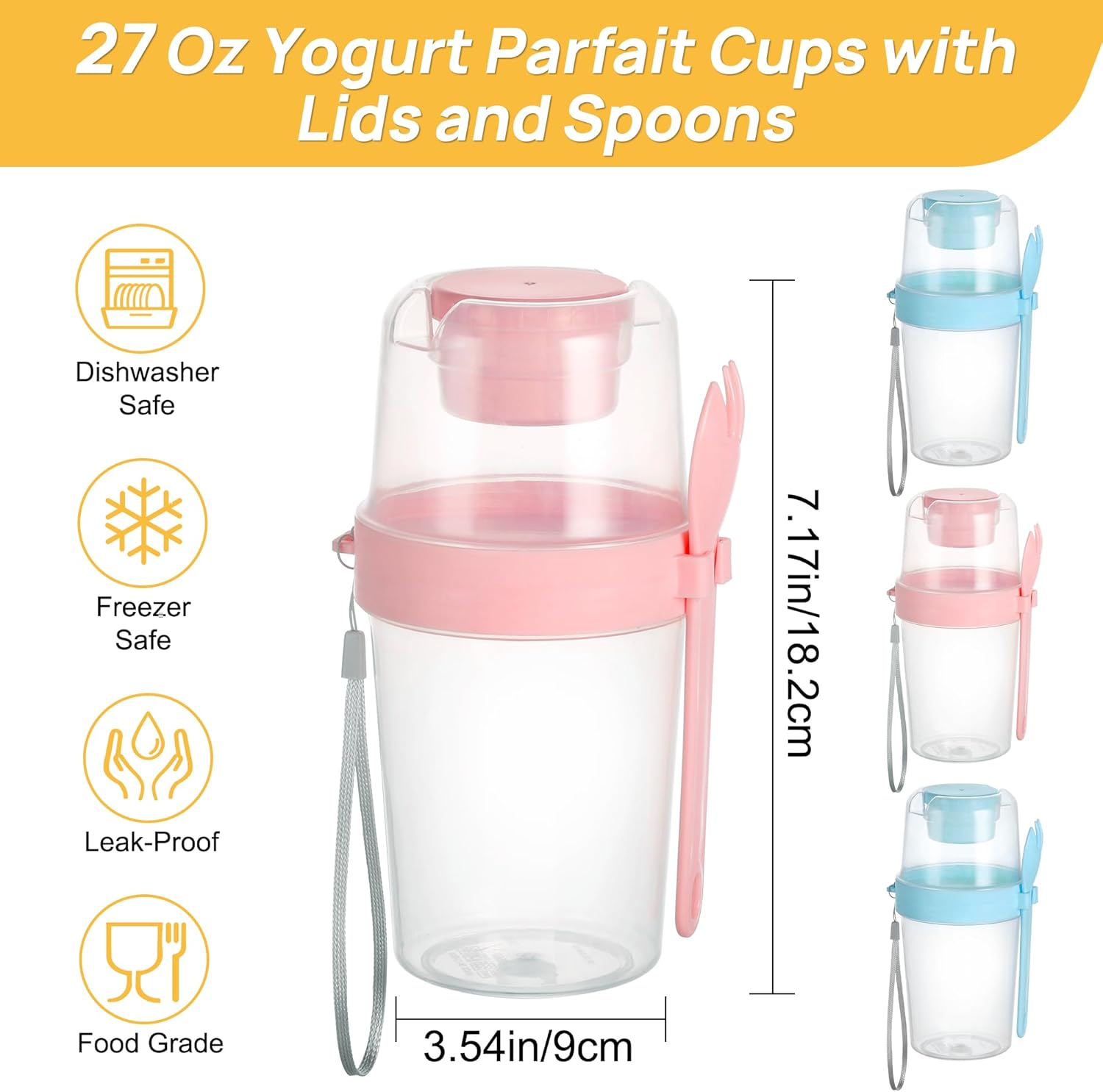 Vtopmart 4 Pack 27oz Yogurt Parfait Cups with Lids and Spoons, Overnight Oats Containers, Reusable Topping Compartment for Breakfast with Yogurt, Cereal or Oatmeal On-the-Go