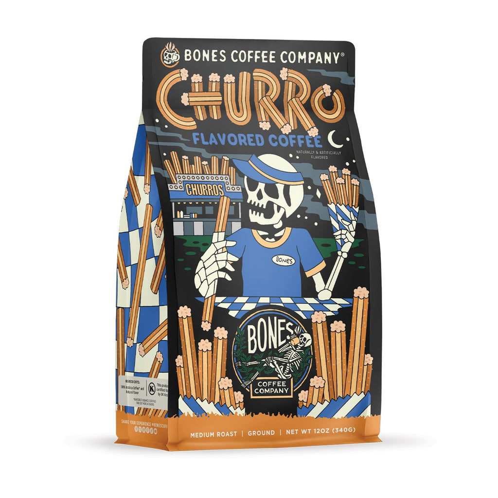 Bones Coffee Company Blueberry Blast Cake, Blueberry Pancakes Flavored Coffee, Medium Roast Low Acid Arabica Beans Compatible with Auto drip and French Press Coffee Maker, 12 Oz Ground