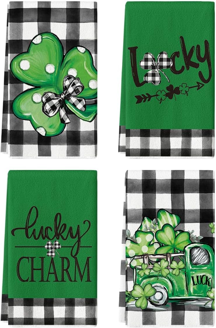 Artoid Mode Buffalo Plaid Shamrocks Lucky Truck St. Patrick's Day Kitchen Towels Dish Towels, 18x26 Inch Seasonal Spring Decoration Hand Towels Set of 4