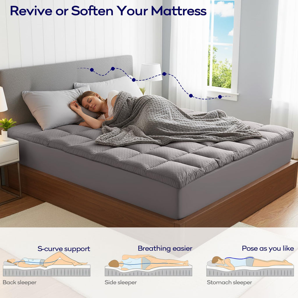 OLANLY Dual-Layer 4 Inch Queen Size Memory Foam Mattress Topper for Back Pain, 2 Inch Cooling Pillow Top Mattress Pad Cover and 2 Inch Gel Memory Foam Topper, Deep Elastic Pocket, Grey