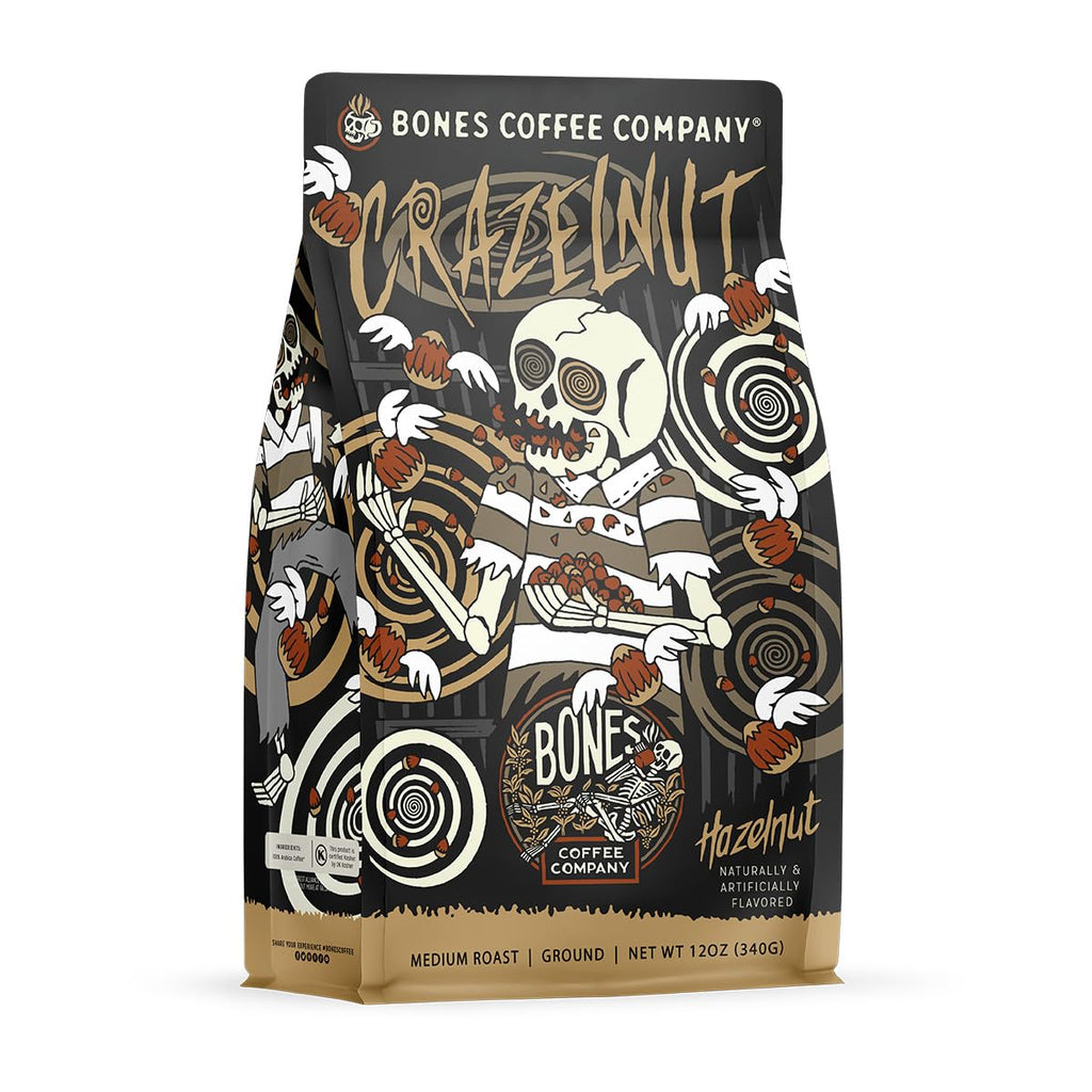Bones Coffee Company Cinnamon Roll Flavored Coffee, Medium Roast Low Acid Arabica Beans Compatible with Auto drip and French Press Coffee Maker, 12 Oz Ground
