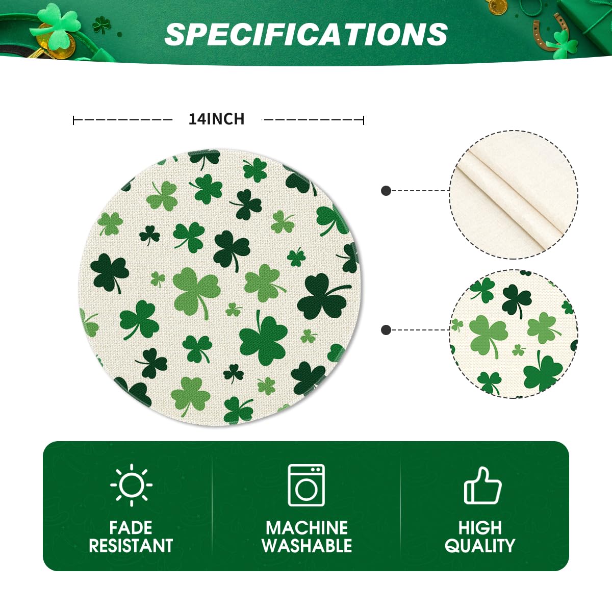 Artoid Mode Green Shamrock St. Patrick's Day Placemats Set of 4, 12x18 Inch Seasonal Spring Table Mats for Party Kitchen Dining Decoration