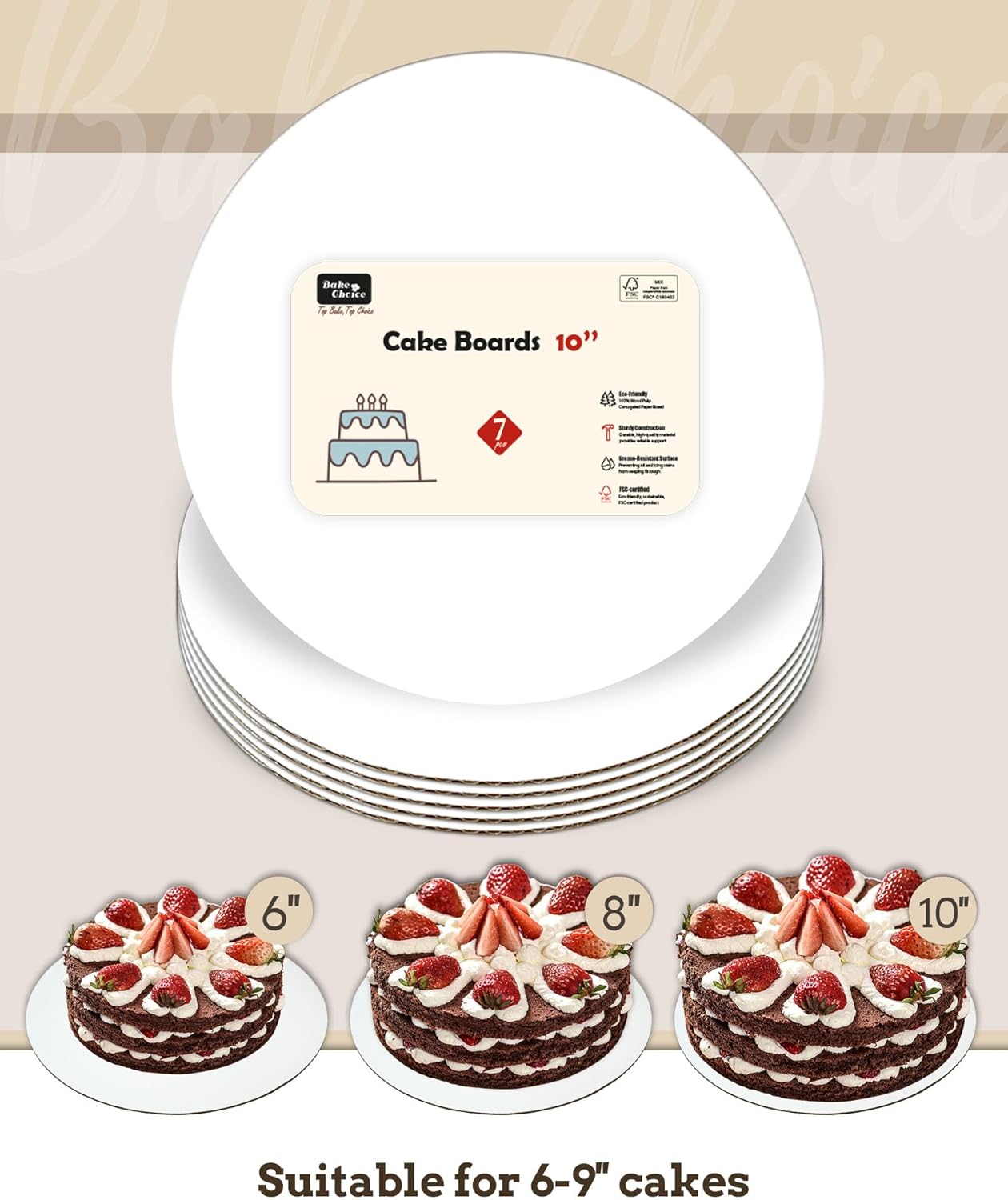 Cake Boards 10 inch Round, 7 Pack Food-Graded Cardboard Cake Rounds, Waterproof and Oil-Proof Cake Plates, Sturdy Corrugated Cake Base, Ideal for Baking, Cake DIY, Dessert and Crafting