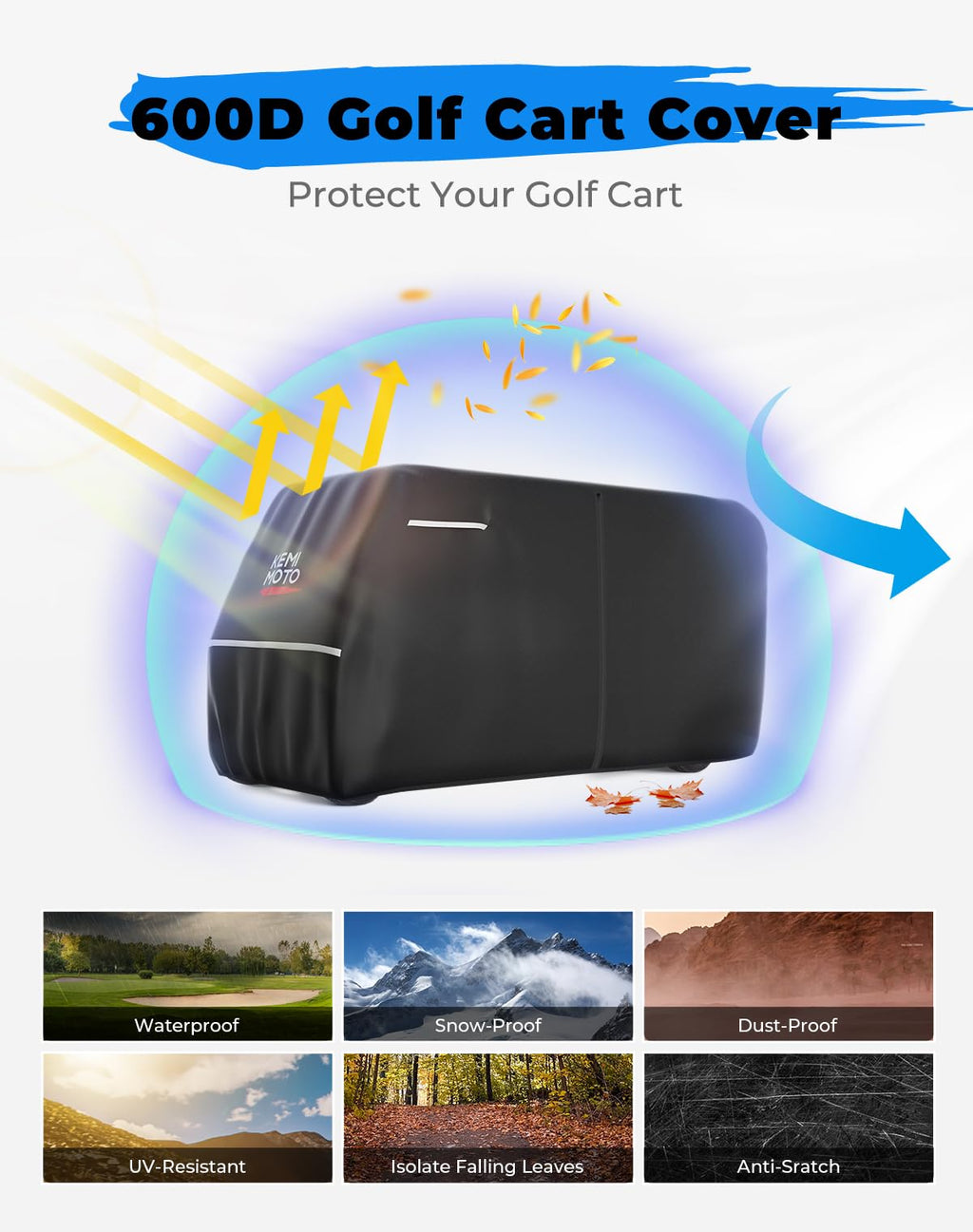KEMIMOTO 600D Waterproof Golf Cart Cover, Universal Heavy Duty Large 6-Seater Golf Cart Rain Cover with Storage Bag Compatible with EZGO Club Car 6/4+2 Passenger, Black