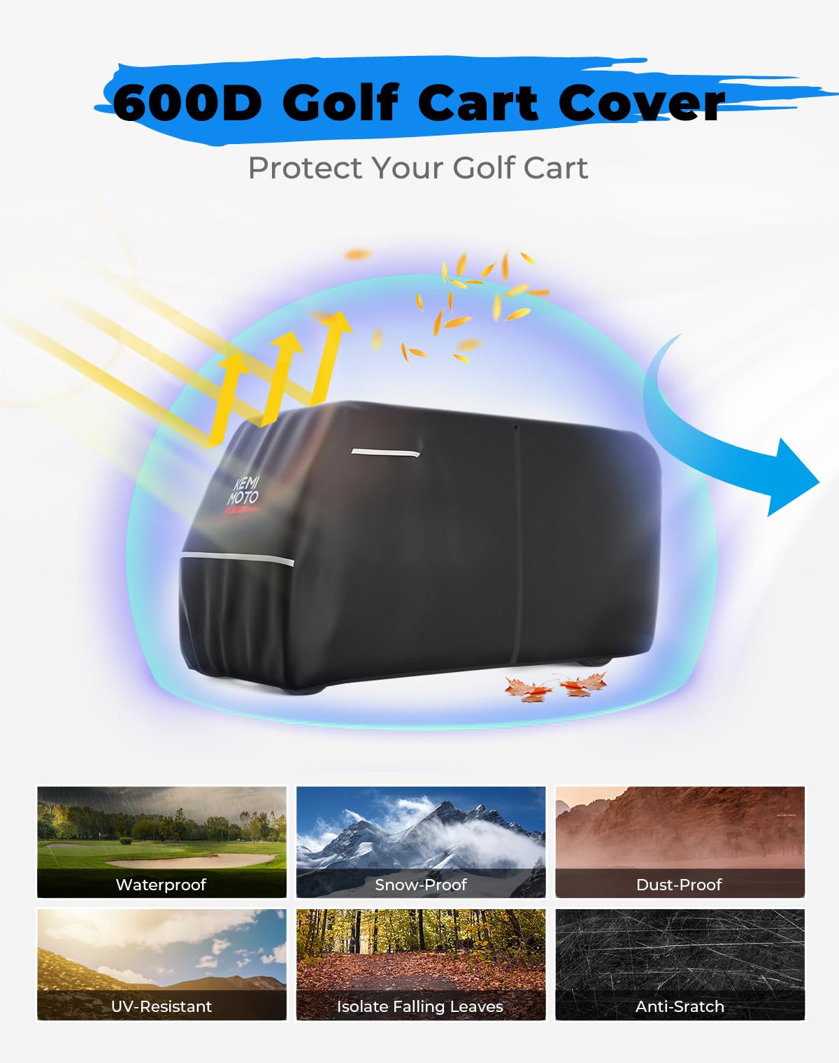 KEMIMOTO 600D Waterproof Golf Cart Cover, Universal Heavy Duty Large 6-Seater Golf Cart Rain Cover with Storage Bag Compatible with EZGO Club Car 6/4+2 Passenger, Black