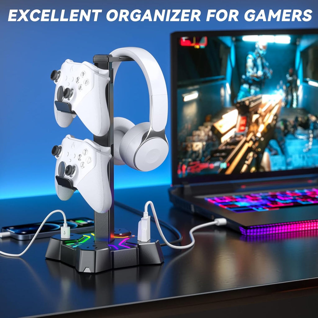 KDD Headphone Stand & Controller Holder for Desk & RGB Headphone Stand with USB Charger - Headphone Holder with 2 USB Charging Ports and 3 AC Outlets