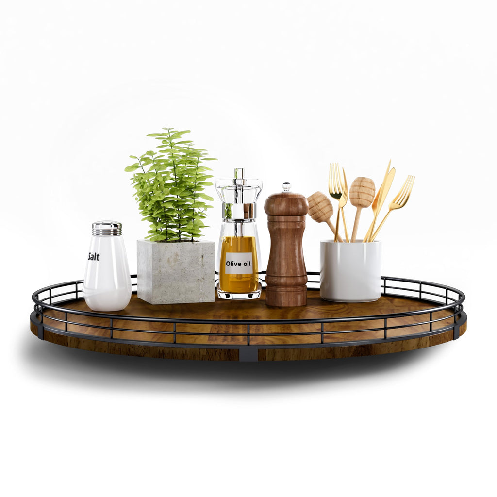 Farmhouse Oak 9" Lazy Susan Turntable Organizer for Cabinet, Round Wooden Lazy Susan Organization and Storage for Dining Table, Pantry, Kitchen, Countertop, Cupboard,Home Decor, Walnut Wood