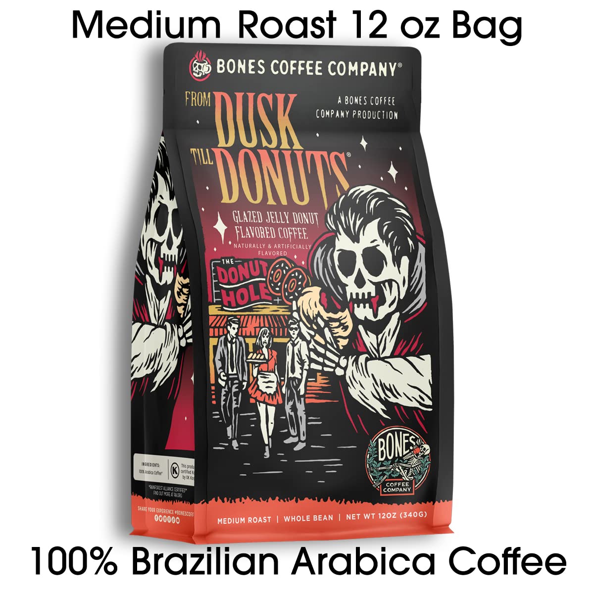 Bones Coffee Company Salty Siren, Sea Salted Caramel Chocolate Flavored Coffee, Medium Roast Low Acid Arabica Beans Compatible with Auto drip and French Press Coffee Maker, 12 Oz Whole Bean