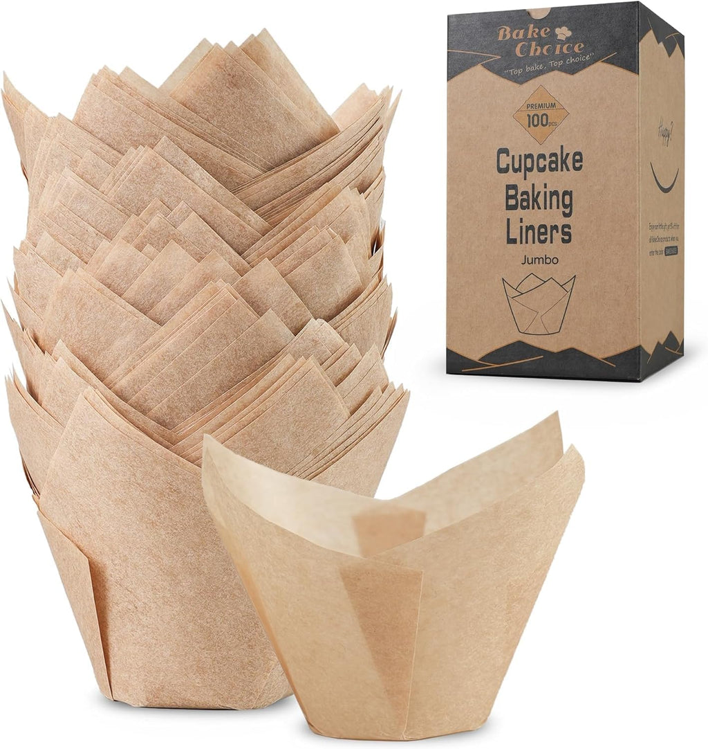 100pcs Natural Jumbo Tulip Cupcake Liners for Baking, Unbleached Cupcake Liner, Greaseproof Parchment Paper Muffin Liners, Tulip Muffin Liners for Party, Christmas, Valentines