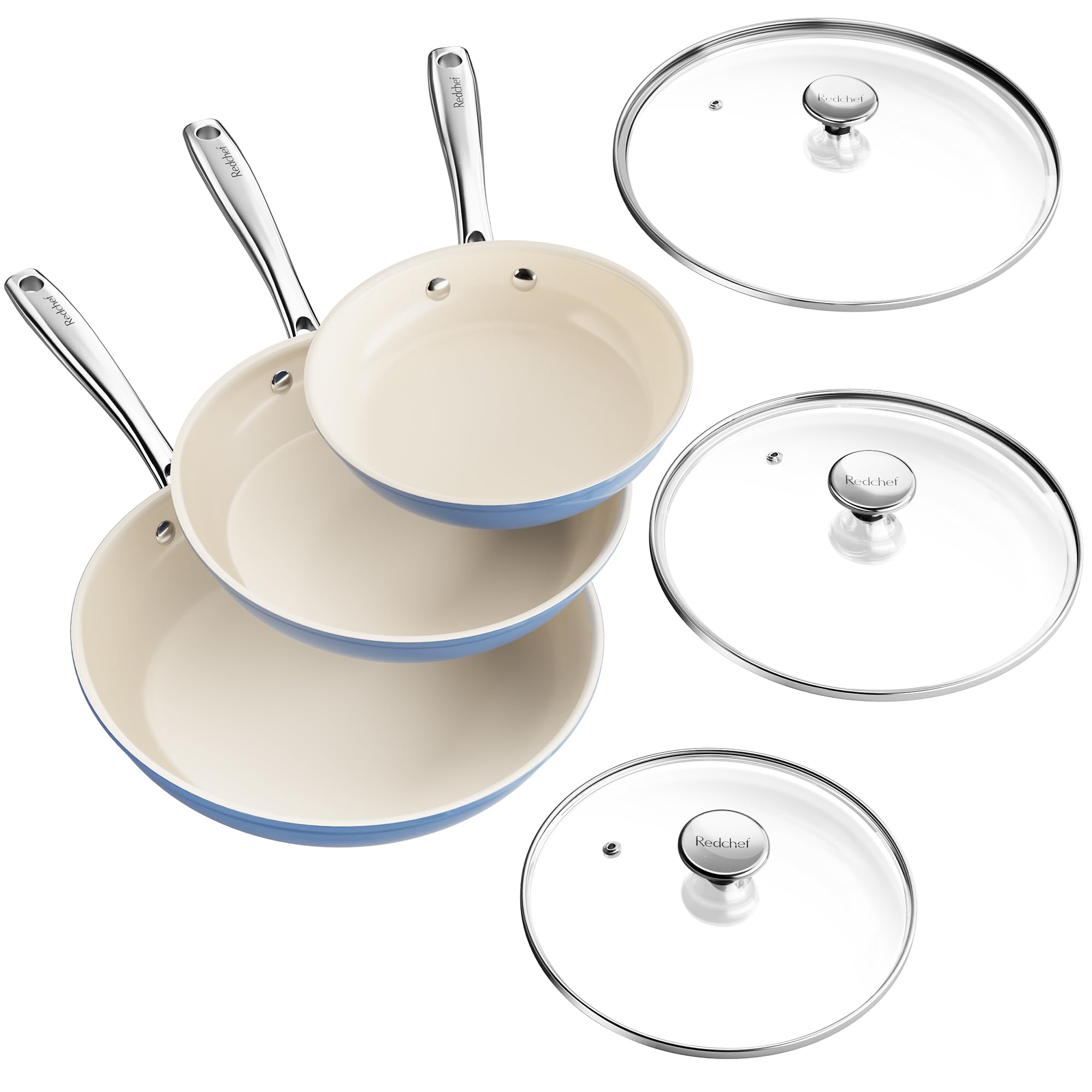Redchef Nonstick Cookware Sets, Ceramic Frying Pan Set with Tempered Glass Lids, Non Stick Cooking Set, Dishwasher & Oven Safe, Induction Safe, Compatible with All Cooktops, Blue (8", 9.5", 11")