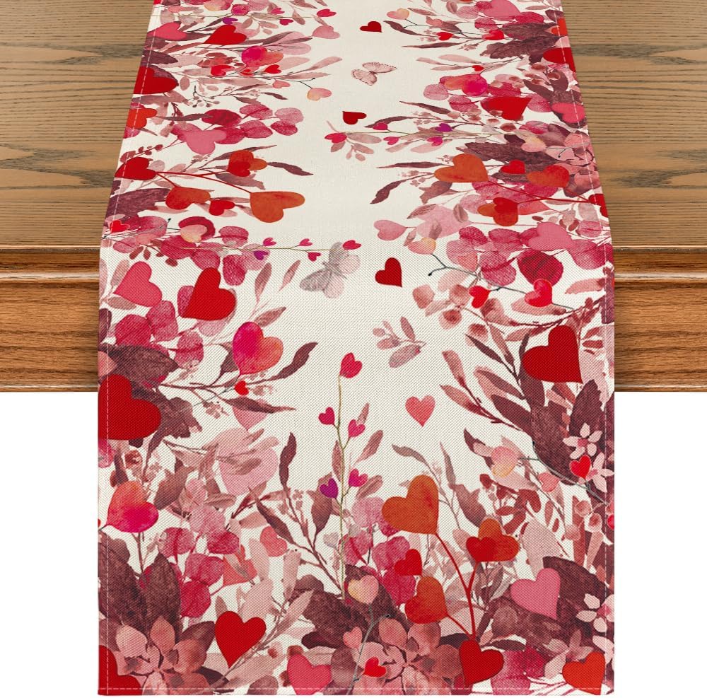 Artoid Mode Floral Red Love Heart Petals Table Runner, Wedding Kitchen Dining Table Decoration for Home Party Decor 13x72 Inch