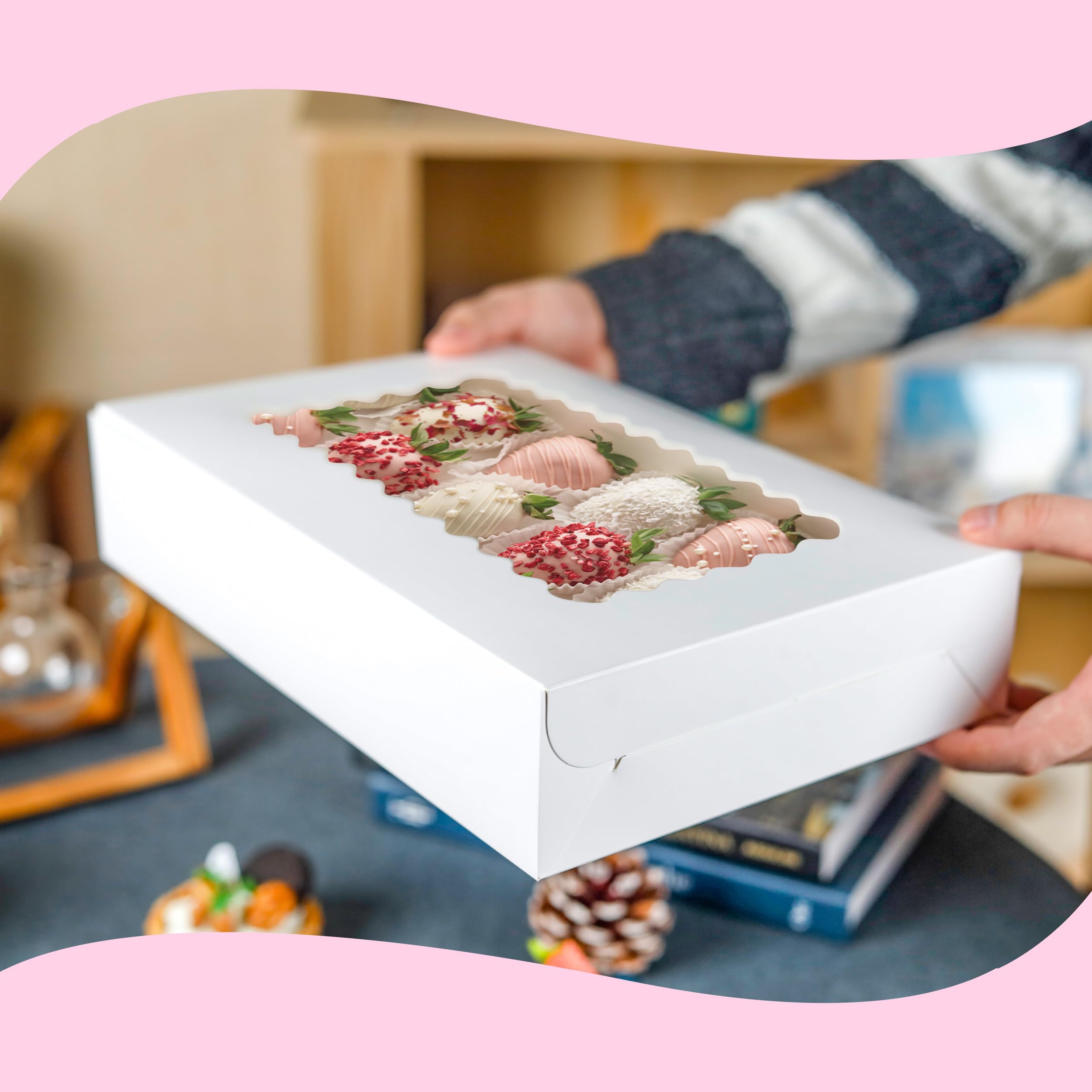 5 Pack Cookie Boxes 12x8x2.5inch Bakery Boxes with Window Treat Boxes for Cookie Packaging Gift Giving Dessert Boxes for Chocolate Covered Strawberries, Donuts, Cocoa Bombs (White)