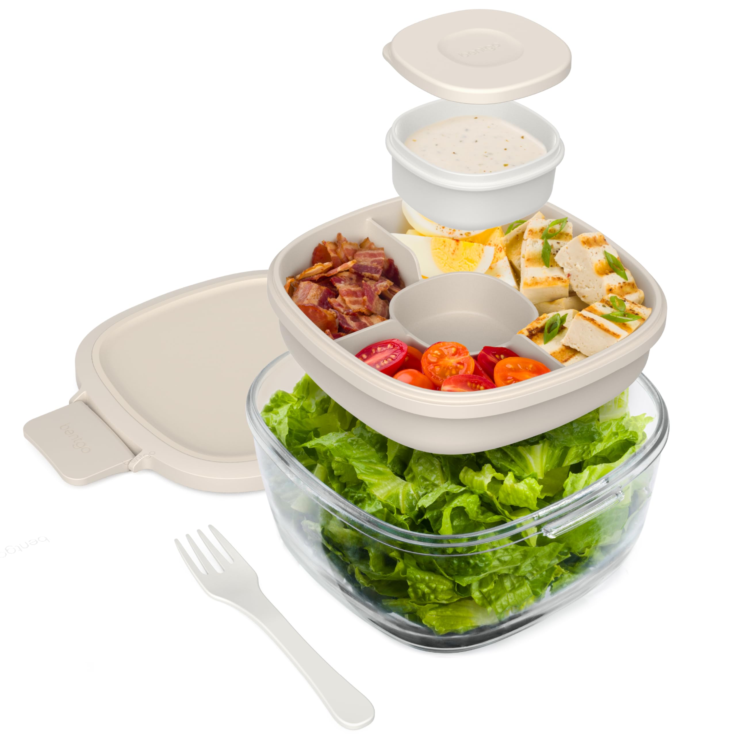 Bentgo Glass Salad Container - 7.6-Cup Salad Bowl with Airtight Lid, Leak-Proof Sauce Container, 4-Compartment Bento Tray & Reusable Fork - BPA-Free for Meal Prep, Office & More (Lavender)