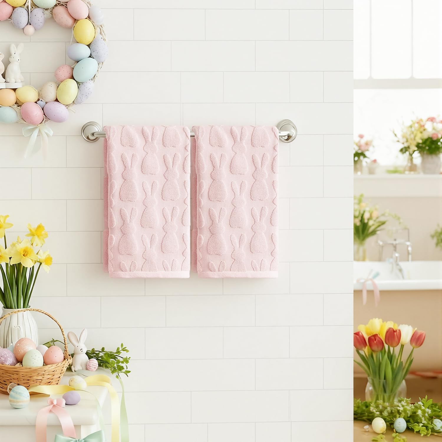 Artoid Mode 2 Pcs Beige 3D Rabbit Jacquard Easter Hand Towels for Bathroom, 100% Cotton Soft Absorbent Bathroom Decor Towels, 13.7 x 29.5 Inch