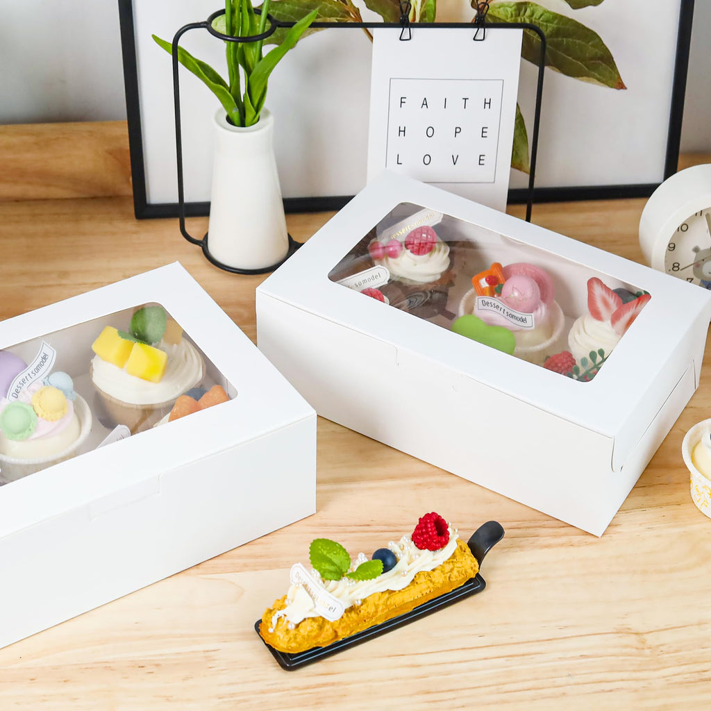 15 Pack Cupcake Boxes with Inserts 6 Holders, White Standard Bakery Boxes with Window Food Grade Cupcake Containers 6 Count for Muffins