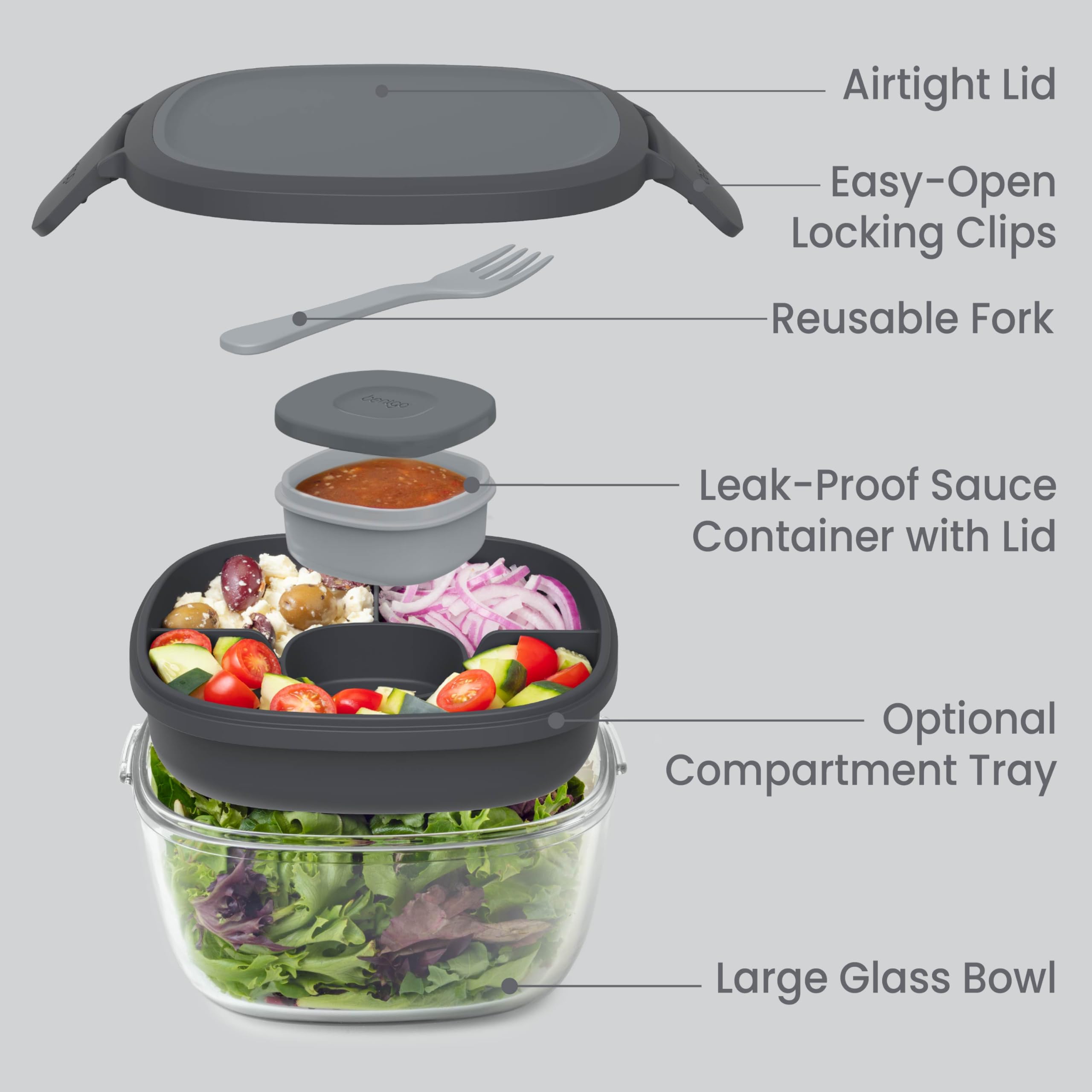Bentgo Glass Salad Container - 7.6-Cup Salad Bowl with Airtight Lid, Leak-Proof Sauce Container, 4-Compartment Bento Tray & Reusable Fork - BPA-Free for Meal Prep, Office & More (Lavender)