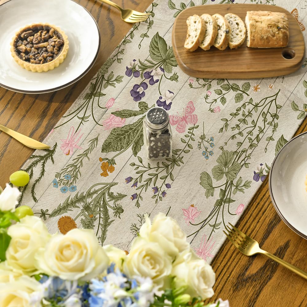 Artoid Mode Wildflowers Floral Spring Table Runner, Seasonal Summer Butterfly Kitchen Dining Table Decoration for Home Party 13x72 Inch