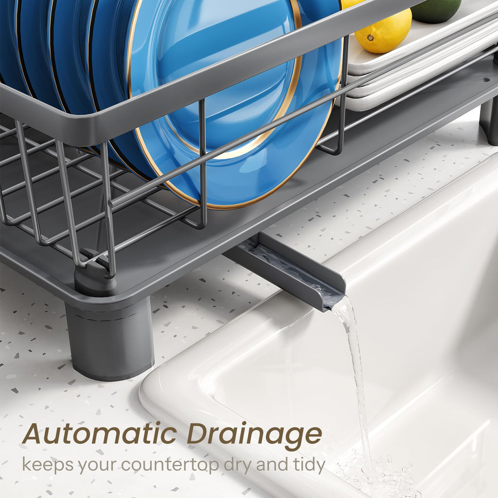 SNTD Dish Drying Rack - Small Dish Rack for Kitchen Counter, Stainless Steel Dish Drainer with Utensil Holder and Drainboard, 11" W x 15" L (Black)