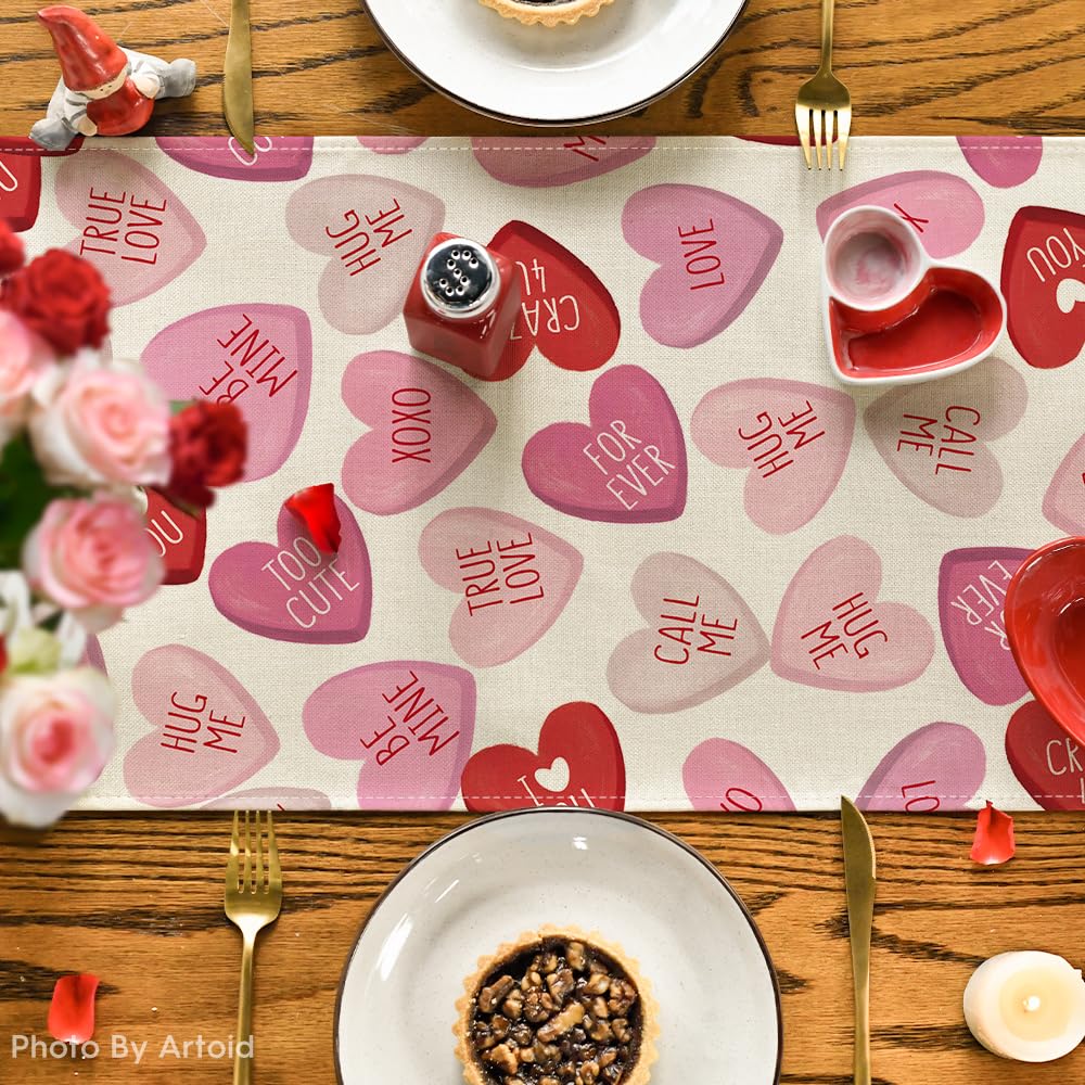Artoid Mode Ture Love Heart Valentine's Day Table Runner, Seasonal Kitchen Dining Table Decoration for Home Party Decor 13x72 Inch