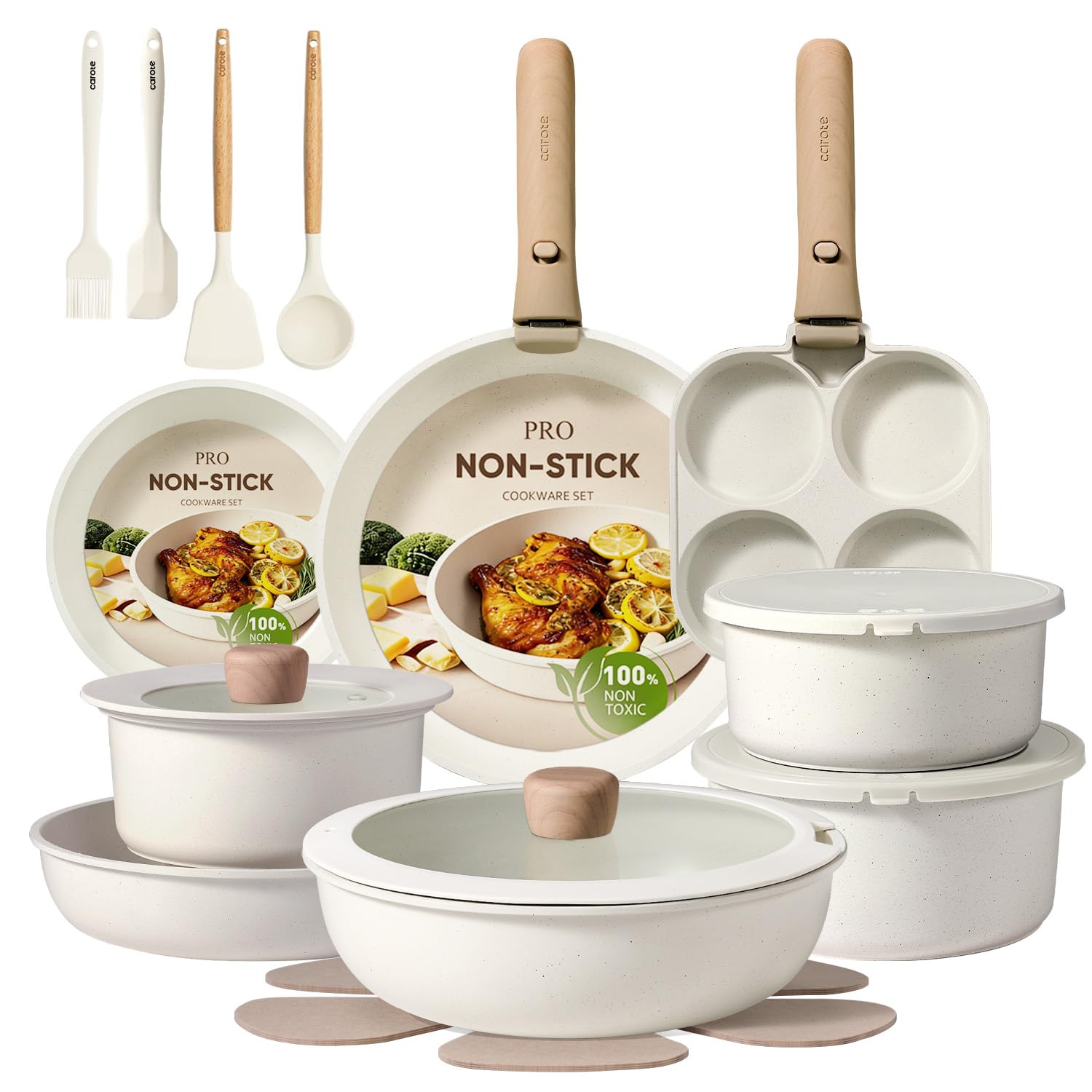CAROTE 19pcs Pots and Pans Non Stick, Cookware Sets Detachable Handle, Induction Kitchen Pots and Pans,NonStick Cooking Set, Oven/Dishwasher/Fridge Safe, Space Saving