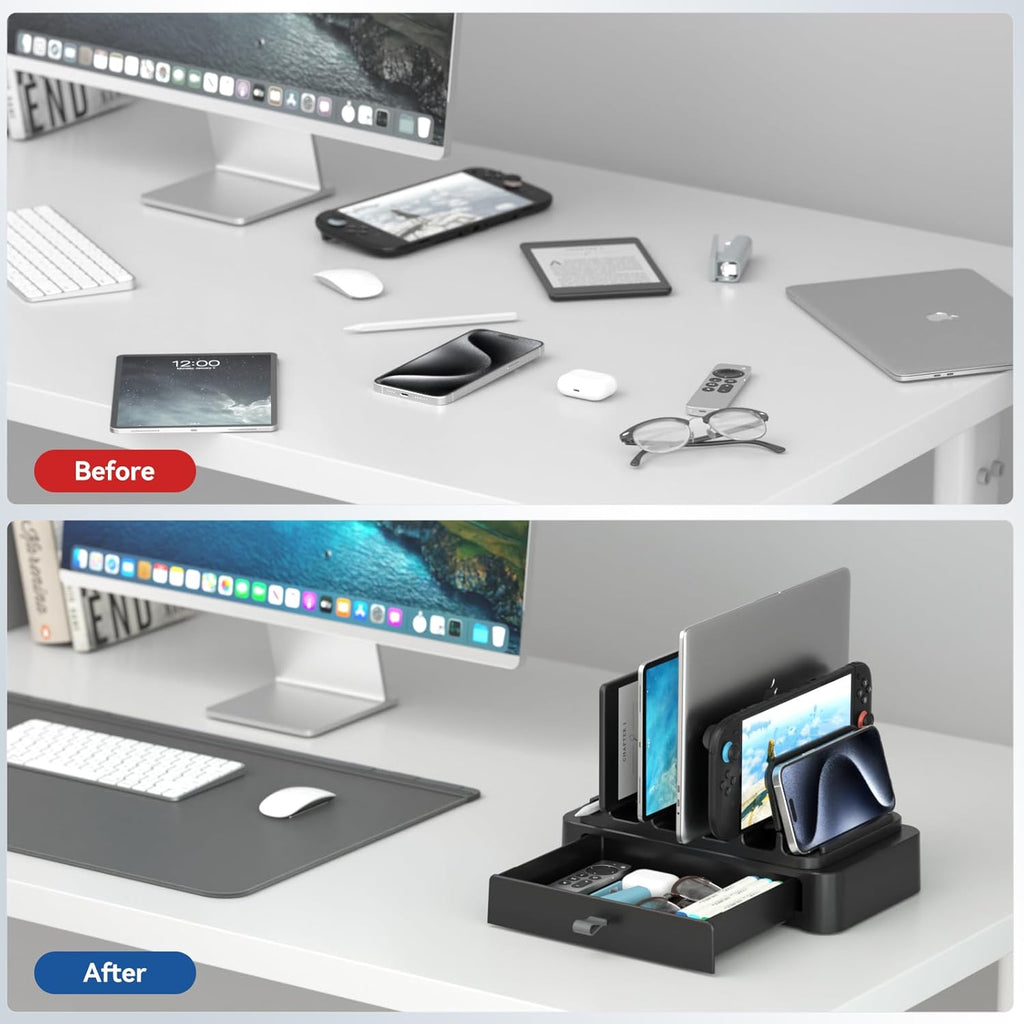 KDD Vertical Laptop Stand with Drawer - 7-in-1 Space-Saving Laptop Holder with Gravity Locking Fits MacBook, Dell, HP, Chromebook, Surface Pro, Tablet, Cell Phone, Switch, Keyboard Desktop Organizer