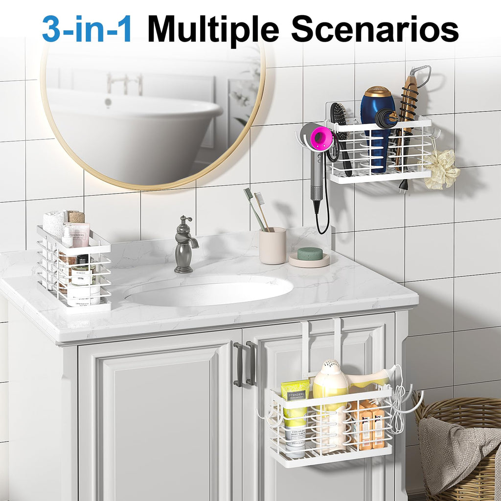 Hair Tool Organizer, 2026 Upgraded 3-in-1 Universal Hair Dryer Holder, Adjustable Height Metal Blow Dryer Holder Wall Mounted/Over Cabinet Door/Free-Standing (Black)