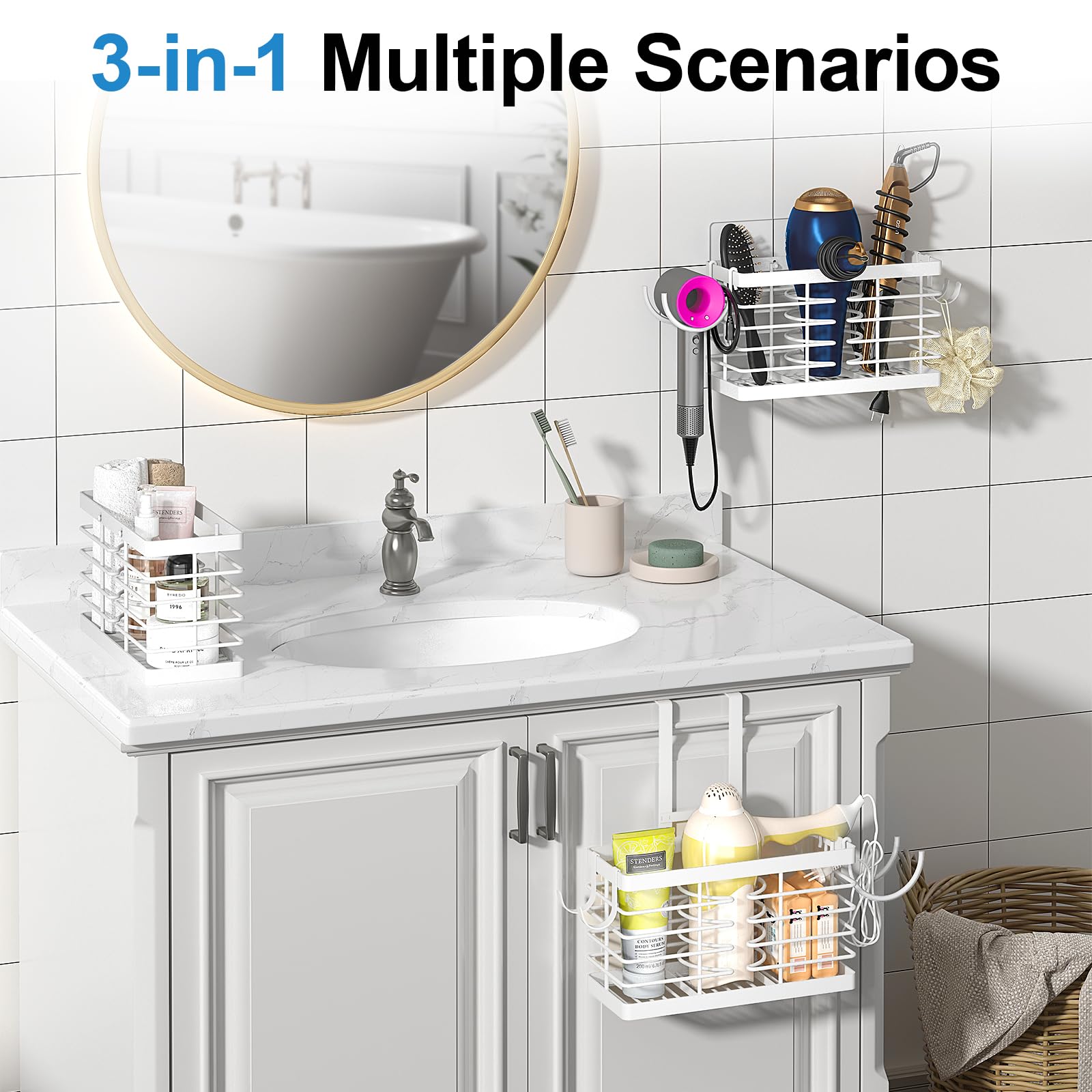 Hair Tool Organizer, 2026 Upgraded 3-in-1 Universal Hair Dryer Holder, Adjustable Height Metal Blow Dryer Holder Wall Mounted/Over Cabinet Door/Free-Standing (Black)