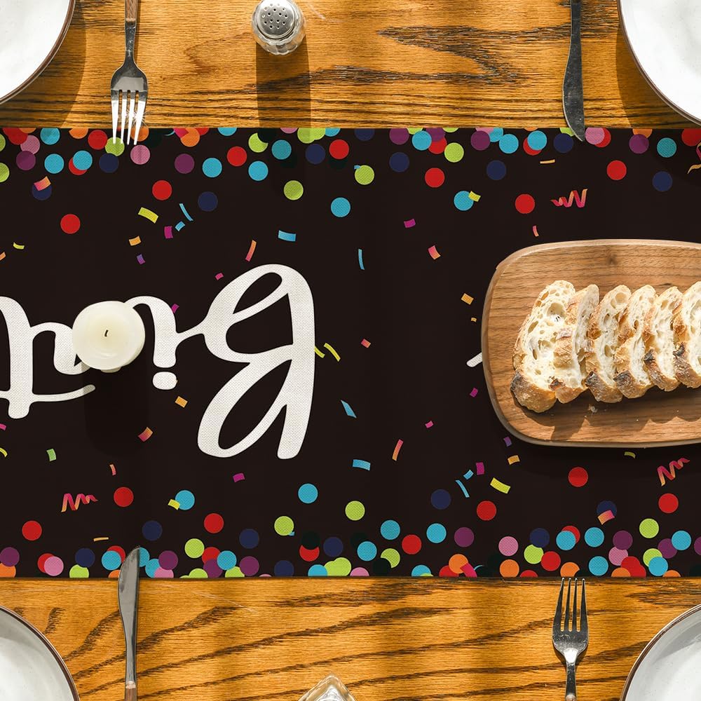 Artoid Mode Polka Dot Beige Happy Birthday Table Runner, Seasonal Kitchen Dining Table Decoration for Home Party Decor 13x72 Inch