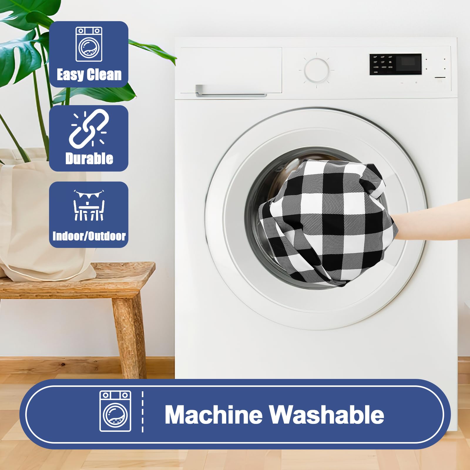 Smiry Picnic Table Cover with Bench Covers, Waterproof Elastic Fitted Tablecloths for 6 Foot Rectangle Tables, Washable Buffalo Plaid Tablecloth for Camping, Outdoor (Black & White, 30"x72")