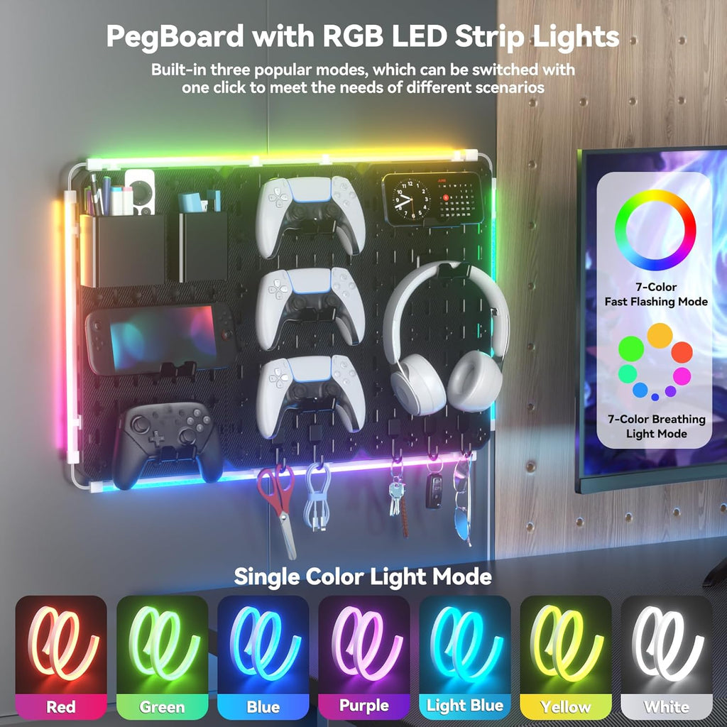 KDD 9 in 1 RGB Gaming Wall Organizer Peg Board - DIY Pegboard Combination Kit with Phone Stand/Pen Holder/Storage Box/Headset & Controller Holder/Hooks for Office & Home Gamer Room Decor Accessories